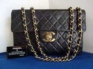 ■CHANEL■デカマトラッセ34■シングルフラップ Wチェーンショルダーバッグ■ラムスキン ブラックゴールド金具■USED■ 