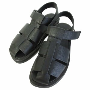 美品 THE ROW ザロウ Fisherman Sandal グレインカーフスキンレザー フィッシャーマンサンダル フラットサンダル 37 約24cm ブラック ◆