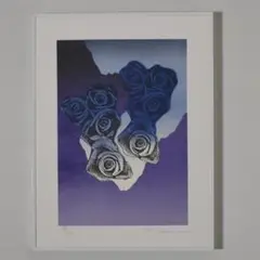 薔薇 リトグラフ 版画 作品 額装済み 1988年 sakiko.m サイン入り