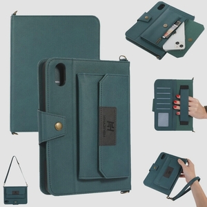 送料無料★iPad mini6ケース 8.3インチ ショルダーストラップ付 カード収納 手帳型 ハンドベルト付(グリーン)