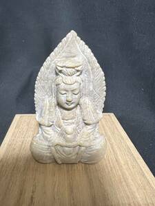 ★希少★石仏 彫刻 仏教美術 置物 仏像 高さ約78mm 重量約86g 木箱セット アンティーク