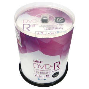 送料無料 DVD-R 録画用 ビデオ用 100枚組 4.7GB スピンドルケース入 CPRM対応16倍速 ホワイトワイド印刷対応 Lazos L-CP100P/2631ｘ１個
