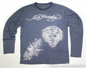 エドハーディー ED HARDY 長袖Tシャツ ユーズド加工 ブルー サイズ L 新品 展示品 AA8604