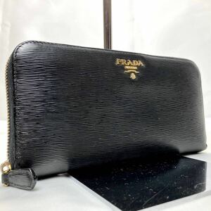 【極美品】PRADA プラダ 長財布 ヴィッテロムーブ ラウンドジップ ファスナー 本革 ロゴ金具 ゴールドロゴ ブラック 黒 メンズ レディース