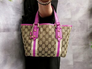 ●超美品●GUCCI グッチ●チャーム●シェリー●GGキャンバス カーフ レザー 本革●ハンド バッグ●ベージュ マゼンタ●G金具●Js45294