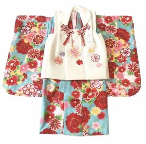 【新品未使用】七五三 3歳 着物　被布　巾着バッグ草履セット　捻り梅に花輪　刺繍