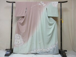 1円 中古 正絹 着物 訪問着 縮緬 式典 和装 染め分け 桜吹雪 枝葉 花吹雪 高級 袷 身丈156cm 裄67cm【夢職】★★★