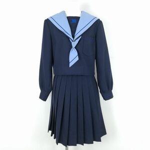 1円 セーラー服 スカート ネクタイ 上下3点セット トンボ 冬物 青1本線 女子 学生服 中学 高校 紺 制服 中古 ランクC NA1540