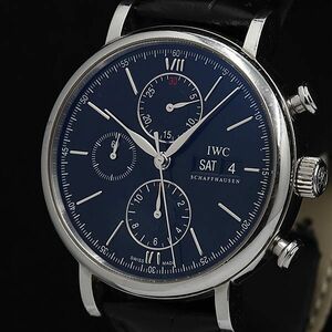 1円 稼働 良品 IWC ポートフィノ クロノグラフ デイデイト 青文字盤 4.13OH済 スモセコ ラウンド 3640191 メンズ腕時計 KMR 5241720 4NBT