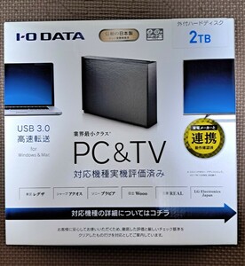 外付けHDD/ I-O DATA/中古/ジャンク/ 外付ハードディスク/2TB/箱、接続ガイド、ACアダプター付/PC&TV/作動未確認