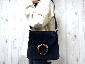 極美品 GUCCI グッチ ヴィンテージ ホースヘッド ショルダーバッグ バッグ スエード×レザー 紺 71506