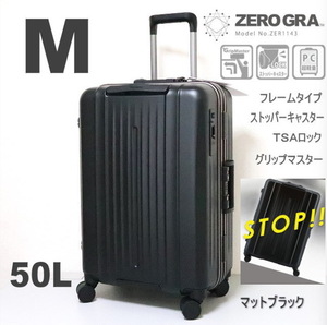 未使用 スーツケース mサイズ 中型 軽量 フレーム キャリーケース ストッパー付 静音 2泊3泊4泊 TSA ゼログラ ZER1143-57 ブラック 黒 M645