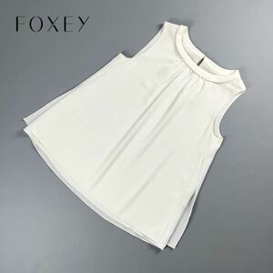 FOXEY NEW YORK フォクシー 襟タック ノースリーブフレアブラウスカットソー トップス レディース 白 ホワイト サイズ40*NC331