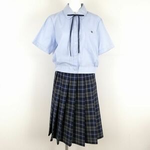 1円 ブラウス チェックスカート 紐タイ 上下3点セット L 大きいサイズ 夏物 女子 学生服 熊本第二高校 水色 制服 中古 ランクB NA1286