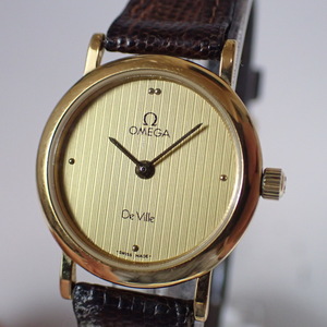 OMEGA オメガ　デビル　レディース腕時計　クオーツ 中古 ラウンド ゴールド文字盤 レザーベルト