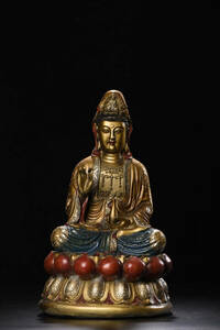 ▽鴻▽ 銅製 金鍍 彩繪 觀音菩薩像 置物 古賞物 中国古玩 中国古美術