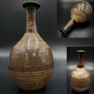 【宝蔵】中国古玩 古陶器 李朝 鶴首 花器 花瓶 花生 23cm 茶道具 中国美術