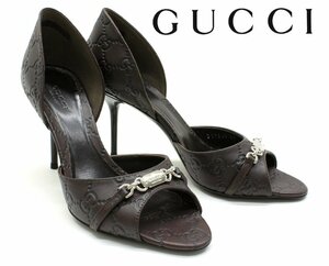 15万新品◆37=24cm◆GUCCI グッチ濃茶GGシマレザー ホースビットオープントゥヒールパンプス1円