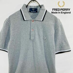FRED PERRY フレッドペリー リンガー ポロシャツ グレー 刺繍ロゴ 36 イングランド製 美品 ゴルフ ウェア 半袖シャツ 英国製 England M相当