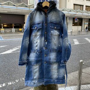 USA正規品 【L】 IRO-OCHI デニム Trench トレンチ コート モッズ ミディアム丈 クラッシュ ブリーチ ペイント ペイント加工 フード付き