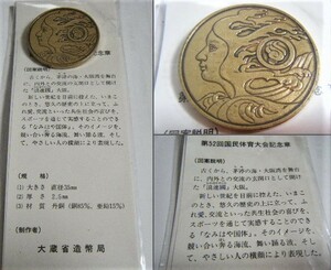 第52回 国民体育大会記念章　1997年 なみはや国体 開催記念バッジ　金系　大きさ：直径35ミリ　材質：丹銅　制作：大蔵省造幣局