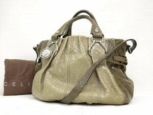 ◆美品◆CELINE セリーヌ◆ピロー◆パイソン 型押し◆レザー 本革◆ハンド ショルダー バッグ◆カーキ ベージュ SV金具◆２ハンドル◆A4652