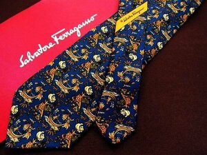 ♪2443D♪状態並品【鳥 人物 花 柄】フェラガモ【Ferragamo】ネクタイ