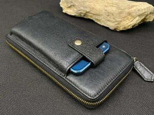 1円 スマホ入れケース 新品 オーストリッチ 長財布 本物 駝鳥革 ラウンドファスナー 男性用財布 小銭入れあり ブラック 黒