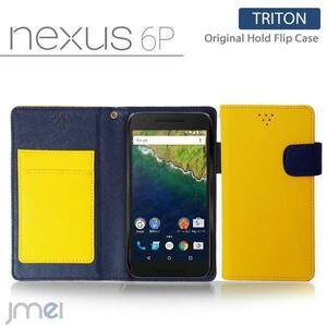 NEXUS 6PJMEI オリジナルマグネットバンド カード収納付 手帳型カバー 閉じたまま通話可 スマホケース 折りたたみ イエロー 53