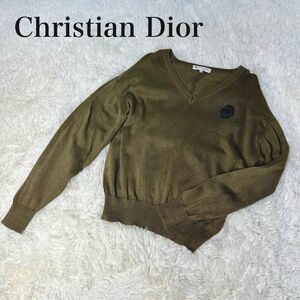 １円～　Christian Dior　クリスチャンディオール　ニットセーター　M カーキ　Vネック　ワッペン　刺繍　コットン　綿