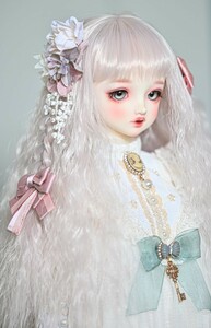 MDD　 DD　SD　ウィッグ　８－９インチ　 アレンジウィッグ　 くすみピンク　　髪飾り　リボン　