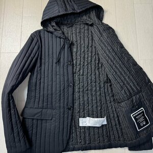 美品/50 XL相当★アルマーニ/EMPORIO ARMANI ストライプキルティング パーカー フーデット ジャケット ライトダウン 防水 中綿 メンズ 黒