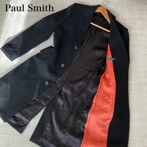 【美品】Paul Smith ポールスミス チェスターコート ロングコート 現行タグ レザータグ 裏地オレンジ マルチカラー ブラック 黒 ウール S