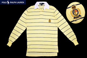 Y-3594★送料無料★美品★Polo by Ralph Lauren ポロ ラルフローレン★正規品 エンブレムロゴ刺繍 イエローボーダー 長袖 ポロシャツ Ｓ
