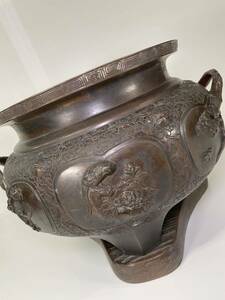 t12 火鉢 銅製 茶道具 煎茶道具 中国古玩 時代物 古美術 骨董 高さ約29cm×45 口径33.5