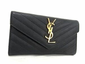 1円 ■美品■ YVESSAINTLAURENT イヴサンローラン カサンドラ Vステッチ レザー 二つ折り 長財布 ウォレット ブラック系 AY1646