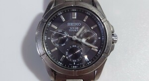 1円〜 SEIKO セイコー ソーラー充電 V14J チタン製 メンズ腕時計 アナログ デイデイト 黒文字盤 稼働品