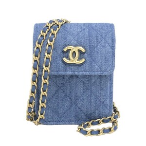 シャネル CHANEL チェーンポシェット ブルー ゴールド金具 デニム マトラッセ ショルダーバッグ レディース 中古