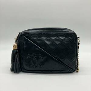 1円〜 CHANEL シャネル フリンジ タッセル ココマーク マトラッセ ラムスキン チェーンショルダーバッグ ブラック　トライアングル