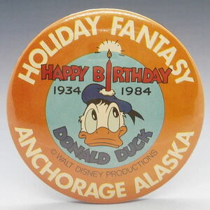 ディズニー　ドナルド　缶バッジ　ドナルド50周年　アンカレッジ・アラスカ　1984年 USA