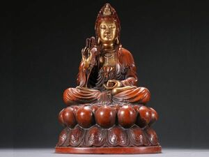 【瓏】古銅彫 塗金観音坐像 清時代 古置物擺件 銅仏像 仏教文化 蔵出