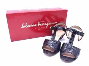 ■美品■ Salvatore Ferragamo フェラガモ クロコダイル型押しレザー サンダル ヒール サイズ5(約22.0cm) 靴 シューズ ブラック系 DD0701
