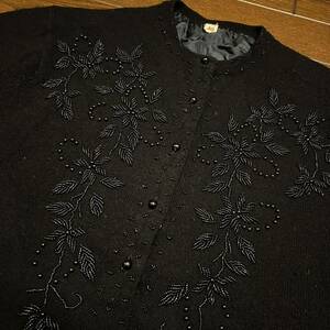 オリエンタル50sビーズ 刺繍デザイン チャイナカーディガン中国ビンテージUSAレディース パーティー黒ウール羽織ものスパンコール　ボレロ