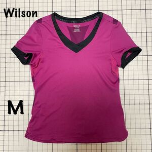 ウイルソン【Wilson】Vネック半袖Tシャツ テニスウェア？ Mサイズピンク×ワインレッド×ブラック/赤黒 背面メッシュ 速乾 バックプリント