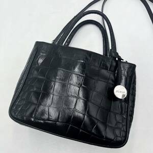 1円 【美品】フルラ FURLA ショルダーバッグ ハンドバッグ クロコ型押し レザー 革 ブラック 黒