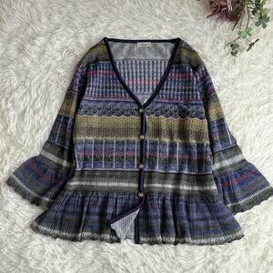 ③ 日本製 レオン Leon 多彩色 模様編み 春 カーディガン 大きいサイズLL