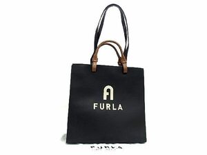 1円 ■新品同様■ FURLA フルラ ヴァーシティ スタイル レザー ハンドバッグ トート ショルダー 肩掛け レディース ブラック系 AR1607