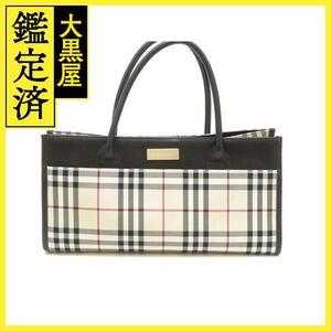 BURBERRY　バーバリー　チェック柄ハンドバッグ　ダークブラウン/ベージュ　キャンバス【430】2148103644375