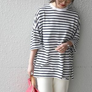 極美品 22SS SHIPS any シップス ブークレビッグTEE リラックス感あるシルエット 肌触り◎ 抜け感を演出 着回し力抜群◎ 洗濯可 WHT/BLUE