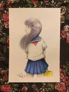 手書きイラスト　女の子　★セーラー服の少女　NO .92 ★鉛筆　色鉛筆　ボールペン　★画用紙　★サイズ16.5×11.5㎝　★新品。